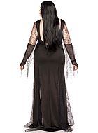 Morticia fra Familien Addams, kostyme-kjole, paljetter, lange ermer, høy spalte, plus size